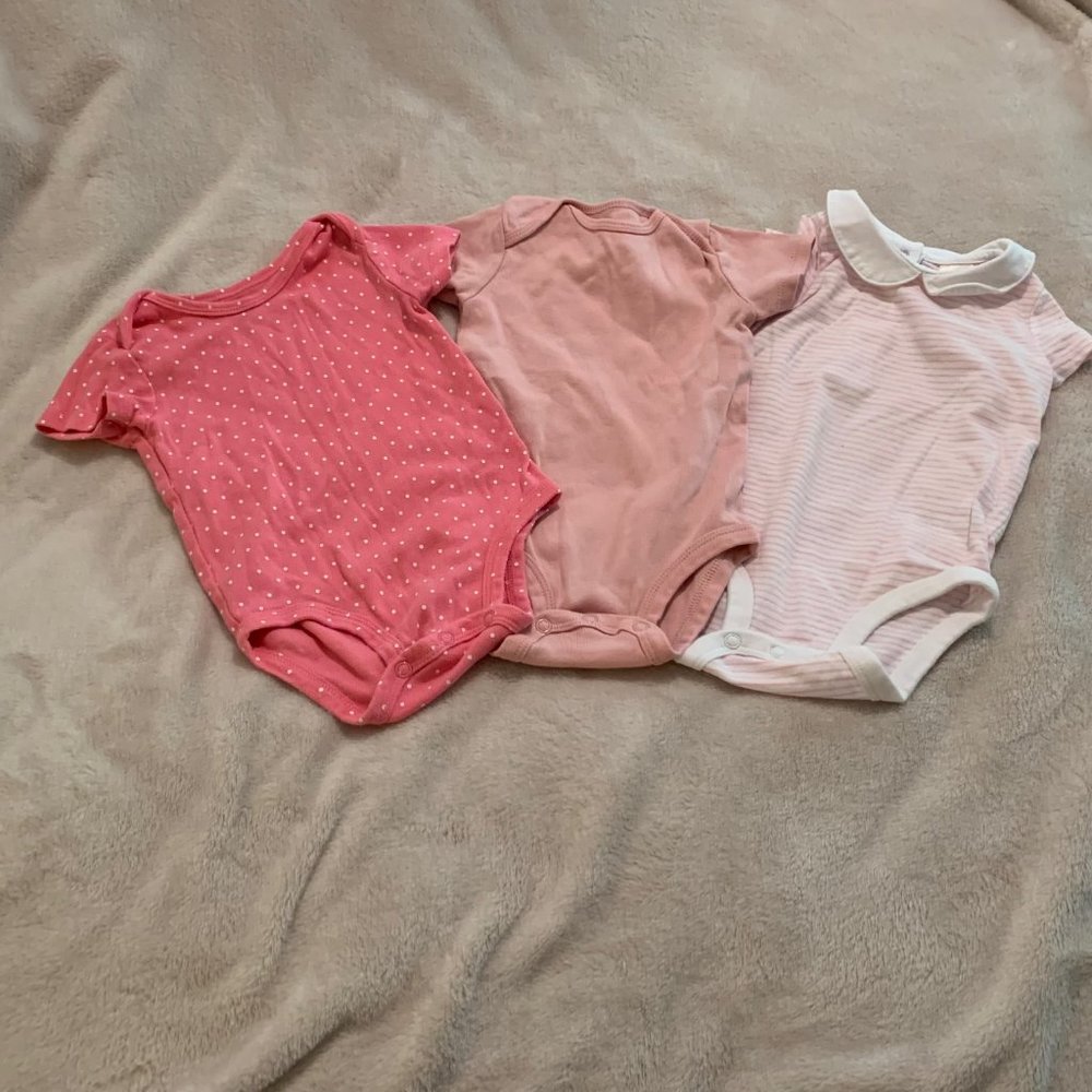 Three Pink Short Sleeve Bodysuits Size 9 Months